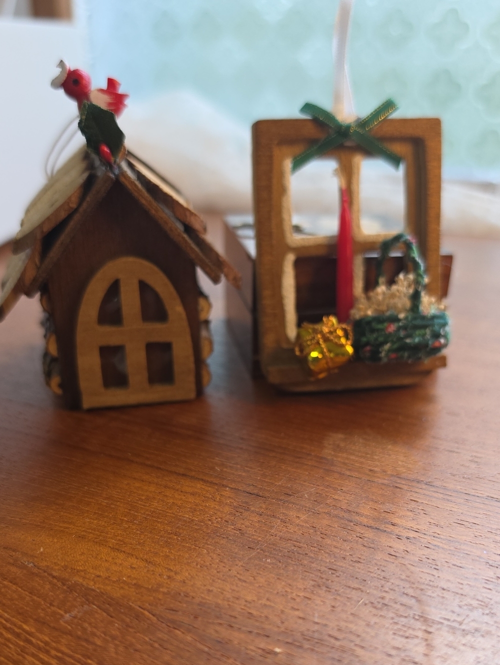 Vtg. Handmade Wooden Holiday House and Window Pane Minature  Set